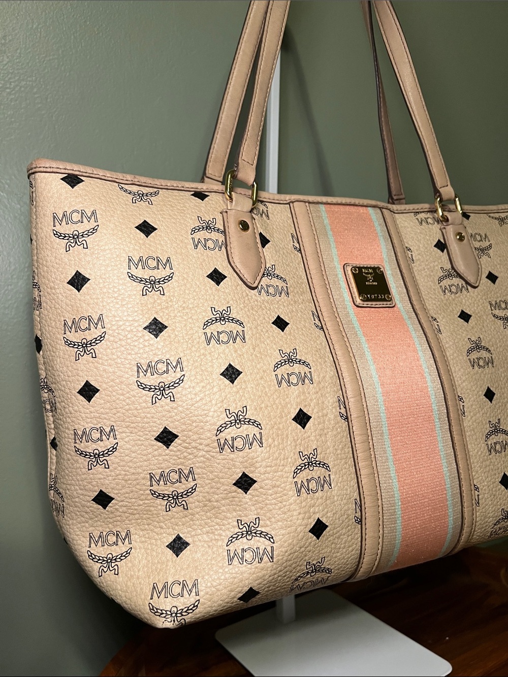 MCM Beige Logo Canvas Tote with Coral and Blue Center Stripe - Picture 3 of 10